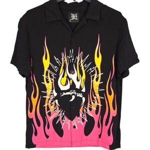 Ed Hardy Shirt Mens Medium Black Tattoo Flame Button Up Short Sleeve Y2K - READ